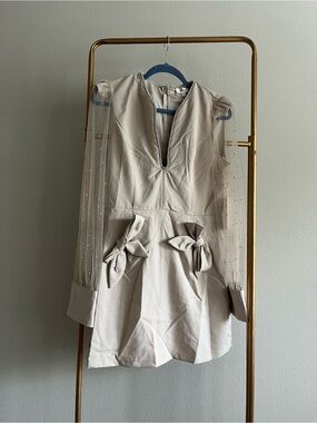 Sheer Sleeve Taupe Mini Dress with Decorative Bows